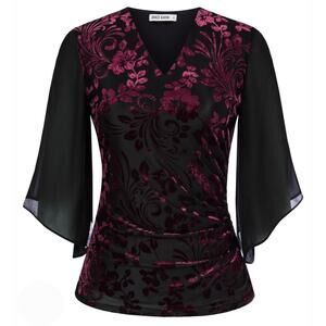 Grace Karin Burnout Velvet Chiffon Sheer Sleeve Blouse Lg Whimsigoth Dark Fairy